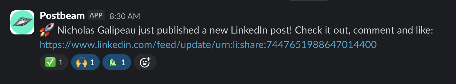A Slack notification nudging the team to engage with a new post